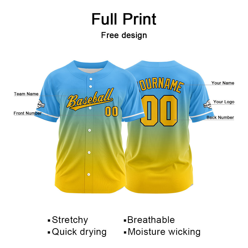 Camiseta de béisbol con dise?o personalizado estampado completo en amarillo y azul claro
