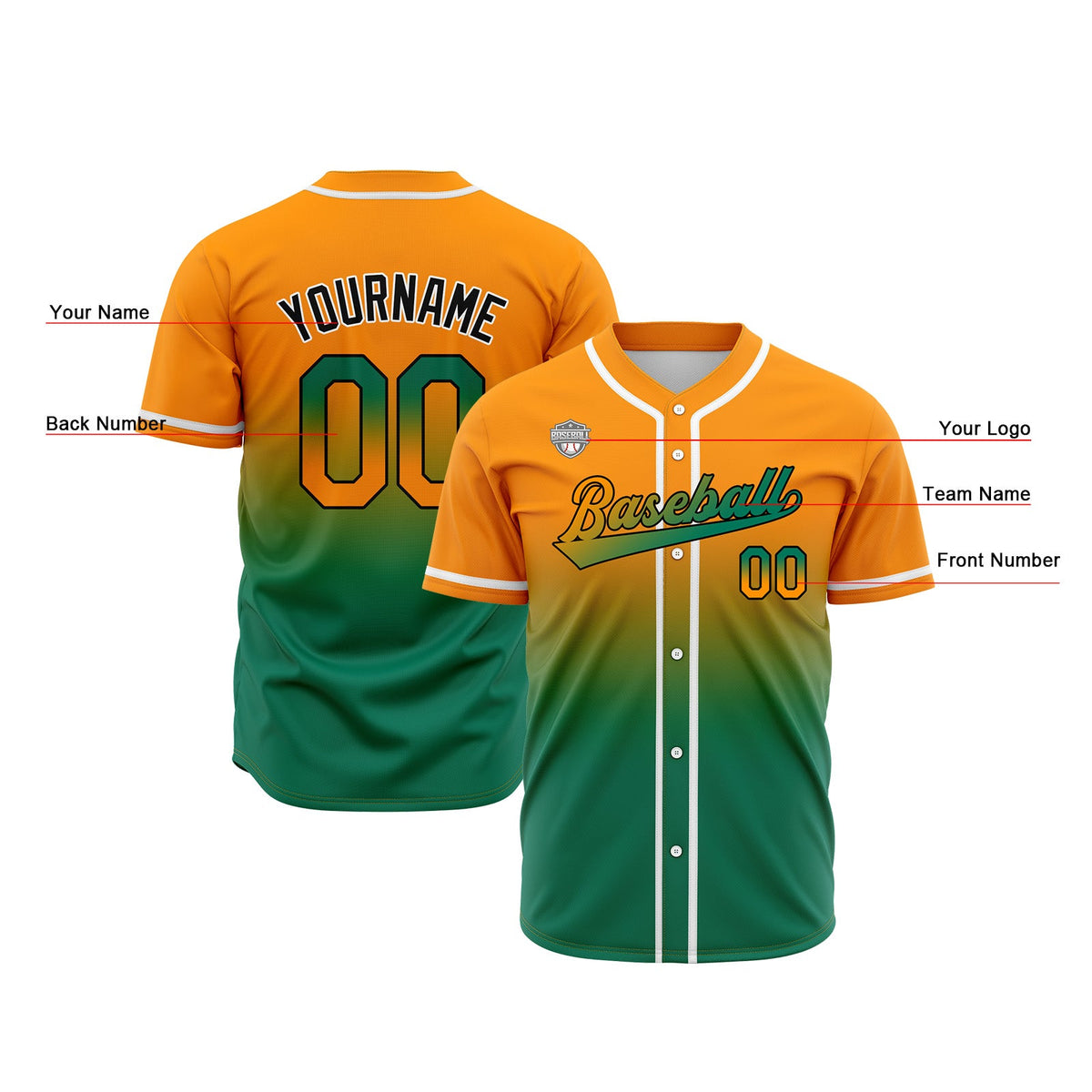 Camisetas de béisbol personalizadas con degradado nombre número y logotipo