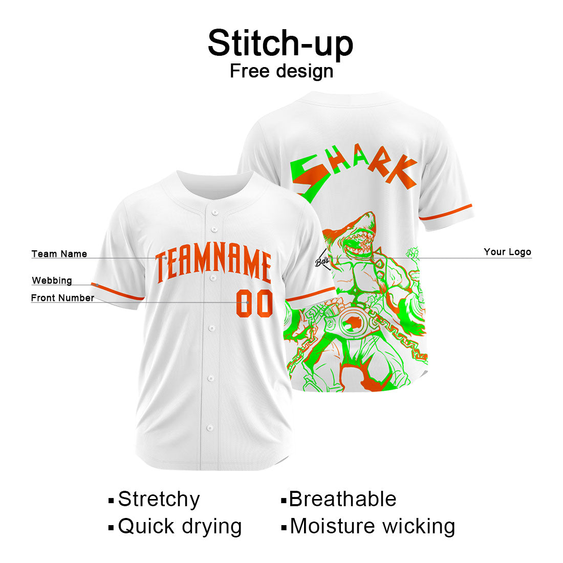 Uniformes de béisbol personalizados Shark-White&Narange de alta calidad para adultos y niños & optimizados para el rendimiento