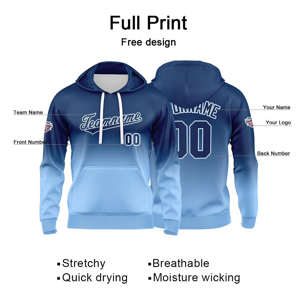 Sudadera con capucha personalizada con degradado para hombre-mujer-niña o niño Estampa tu logotipo-nombre o número en azul marino y azul claro