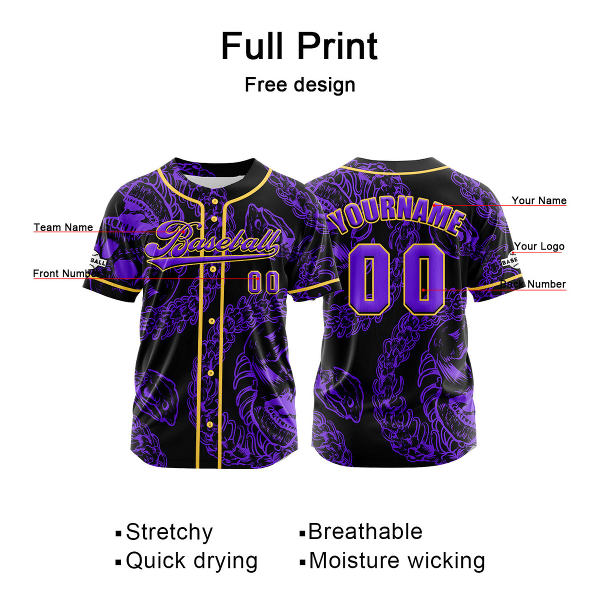 Camiseta de béisbol morada personalizada con botones para hombre mujer adulto y joven Estampado de nombre número y logotipo