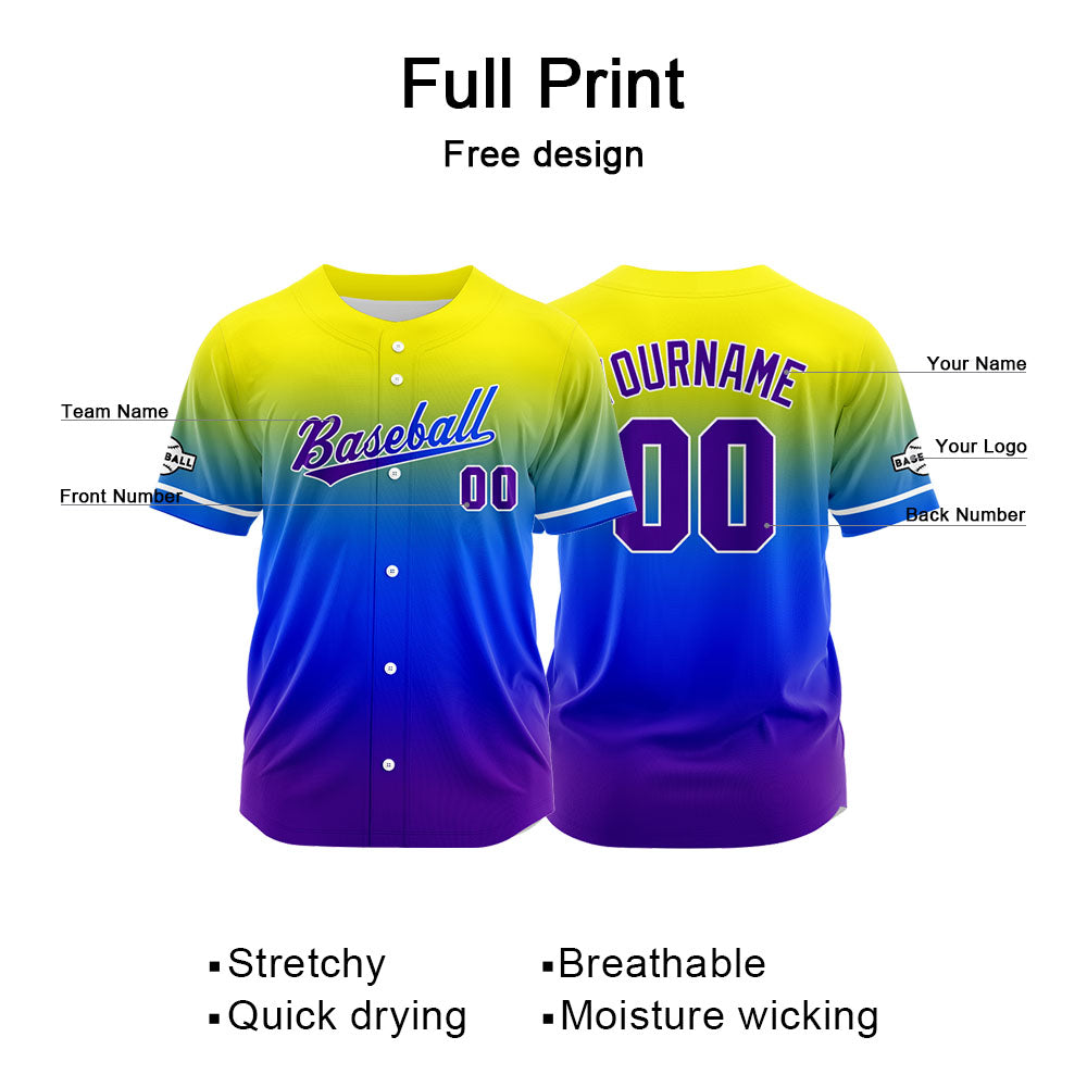 Dise?o personalizado de camiseta de béisbol con estampado completo en morado azul y amarillo