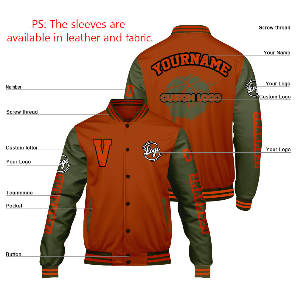 Chaquetas universitarias personalizadas en color naranja mate y verde oliva para hombres & mujeres y jóvenes & Chaquetas Letterman personalizadas