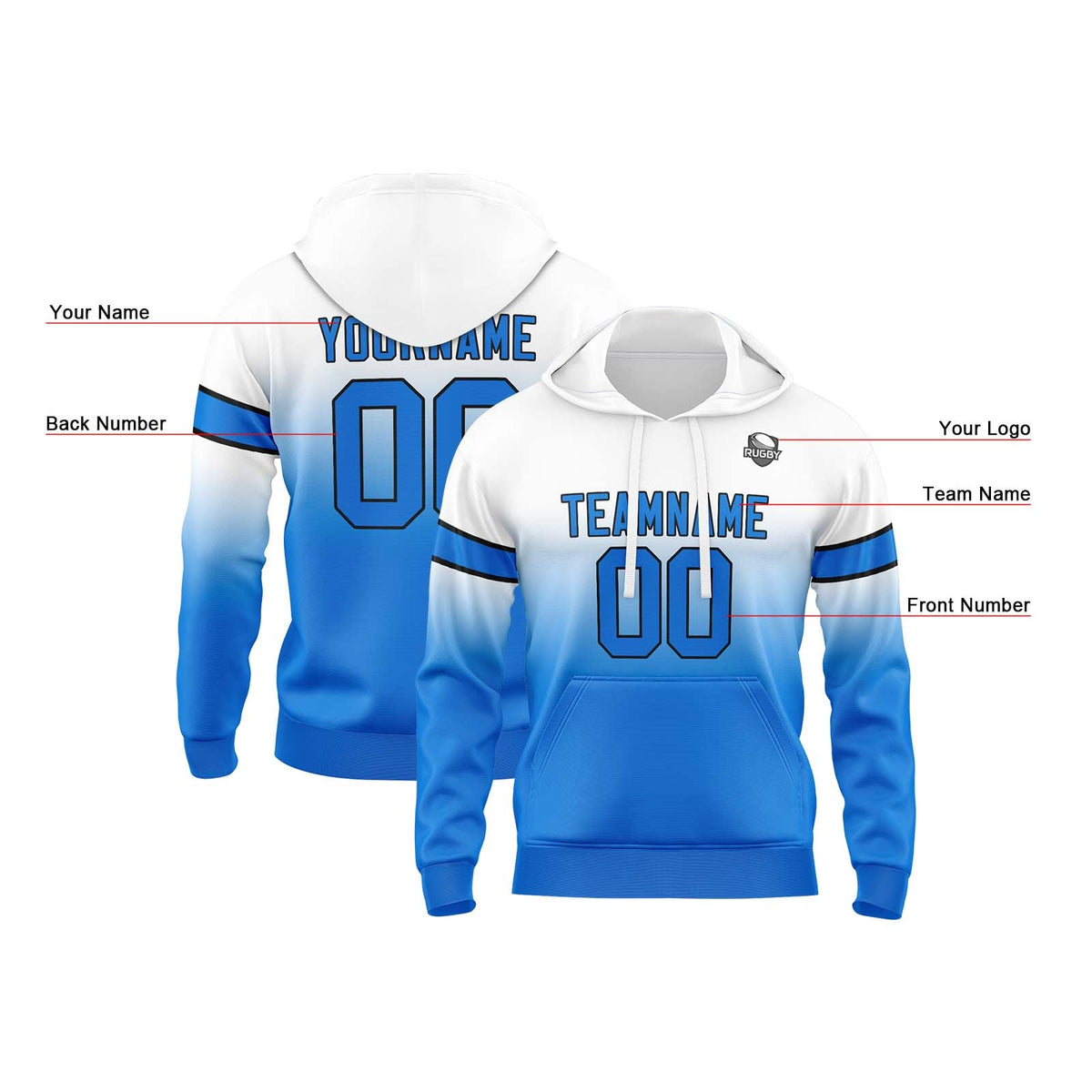 Sudadera con capucha personalizada con degradado para hombre-mujer-niña o niño Estampa tu logotipo-nombre y número en blanco y azul