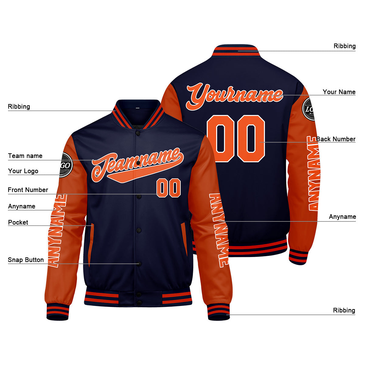 Chaquetas universitarias personalizadas azul marino y naranja para hombres & mujeres y jóvenes & Chaquetas Letterman personalizadas