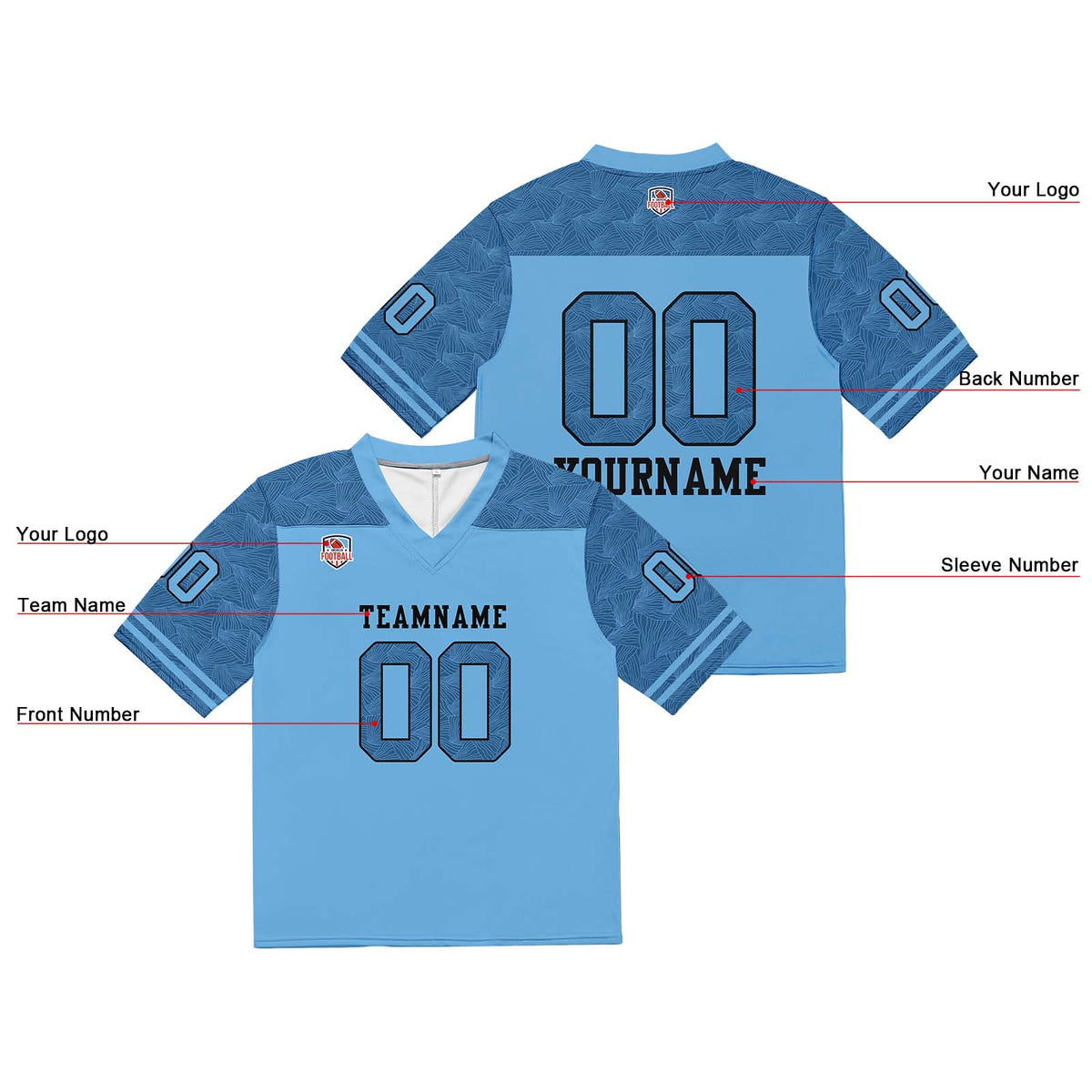 Camiseta de fútbol personalizada con nombre y número del equipo impresos y bordados-color azul claro