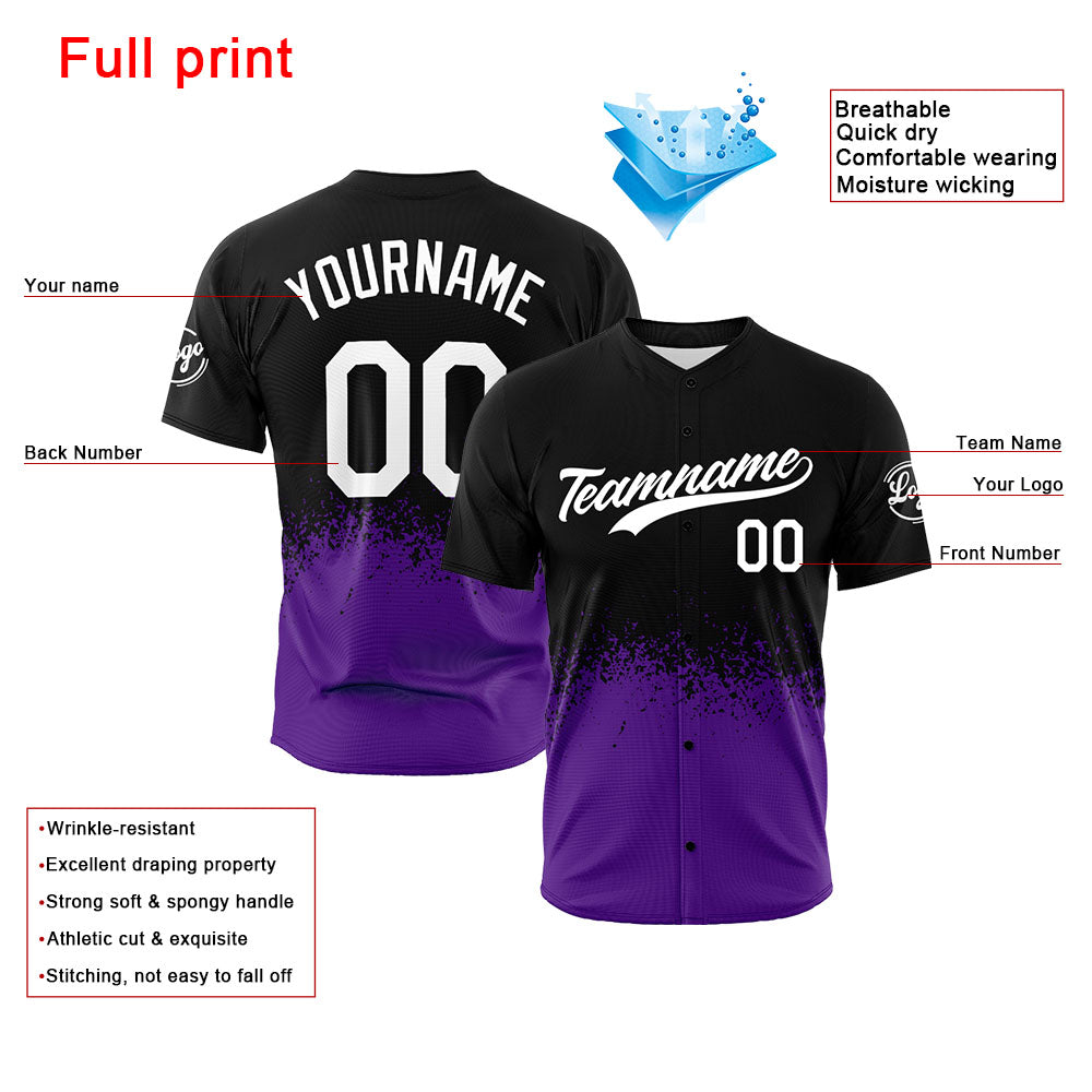 Camiseta de béisbol con dise?o personalizado estampado en negro y morado