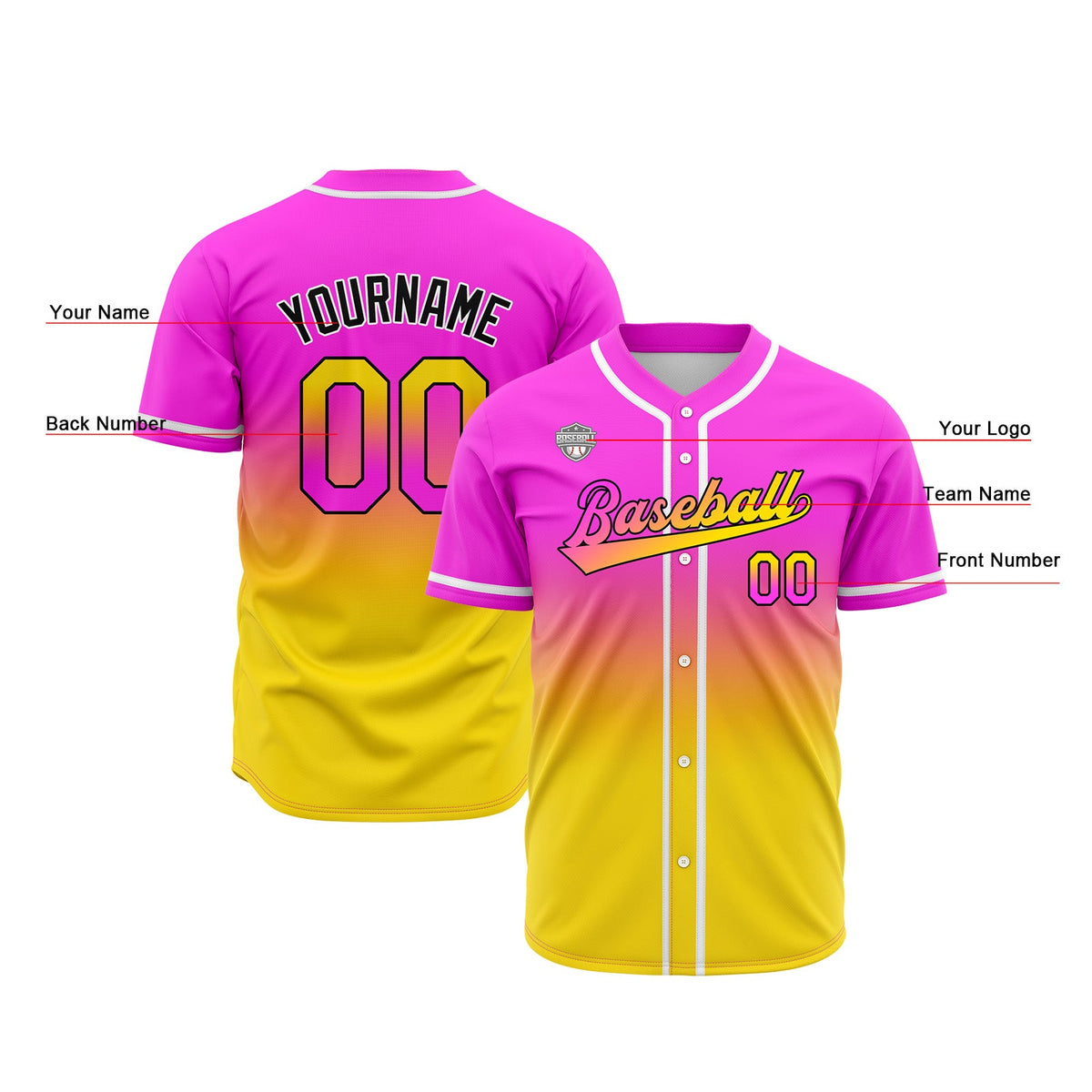 Camisetas de béisbol personalizadas con degradado nombre número y logotipo