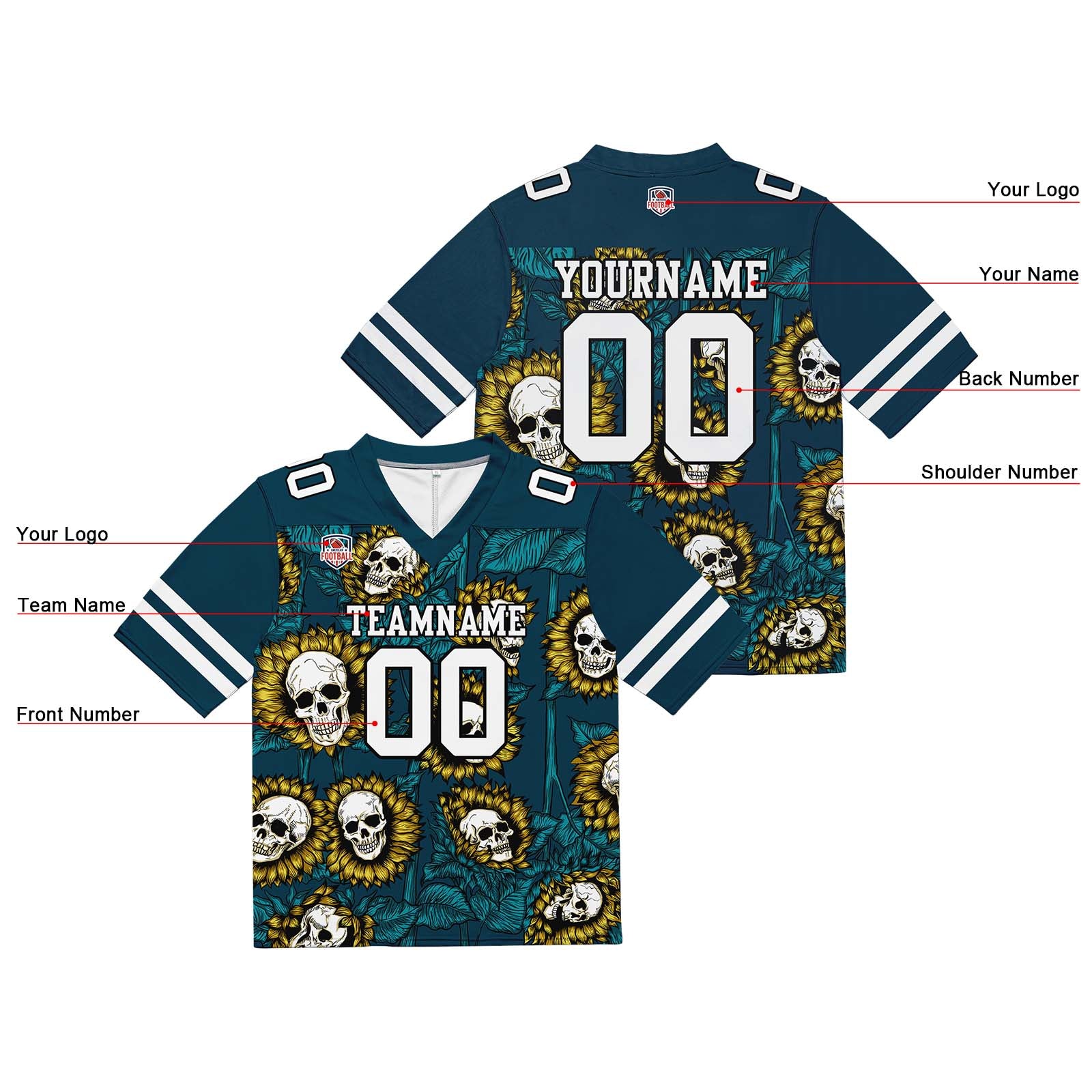 Camiseta de fútbol personalizada con nombre y número del equipo bordados a mano-color verde girasol/medianoche