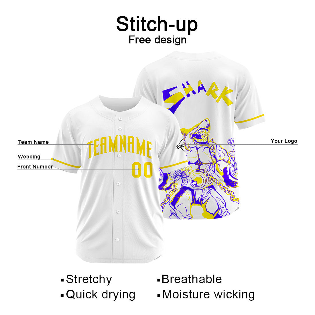 Uniformes de béisbol personalizados Shark-White&Yellow de alta calidad para adultos y niños & optimizados para el rendimiento