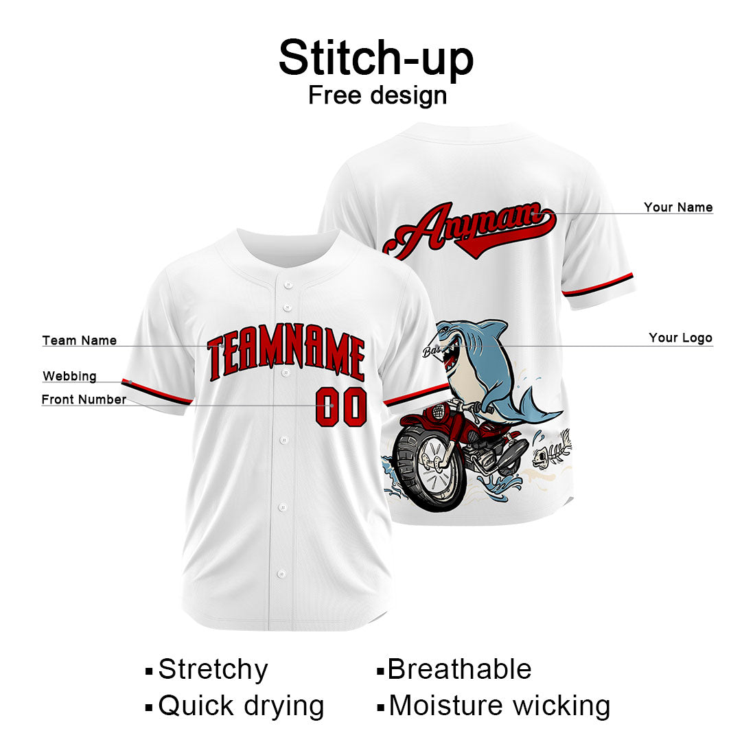 Uniformes de béisbol personalizados Motor Shark-White de alta calidad para adultos y niños & optimizados para el rendimiento