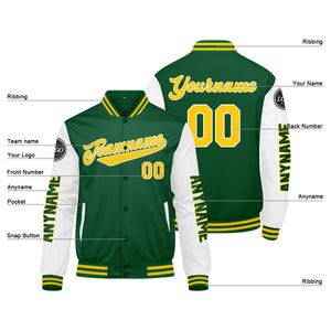 Chaquetas universitarias personalizadas en verde & amarillo y blanco para hombres & mujeres y jóvenes & Chaquetas Letterman personalizadas