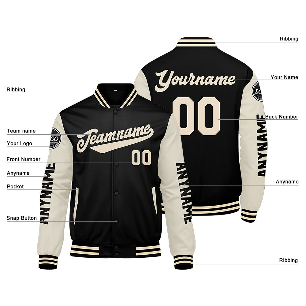 Chaquetas universitarias personalizadas en color negro y crema para hombres & mujeres y jóvenes & Chaquetas Letterman personalizadas