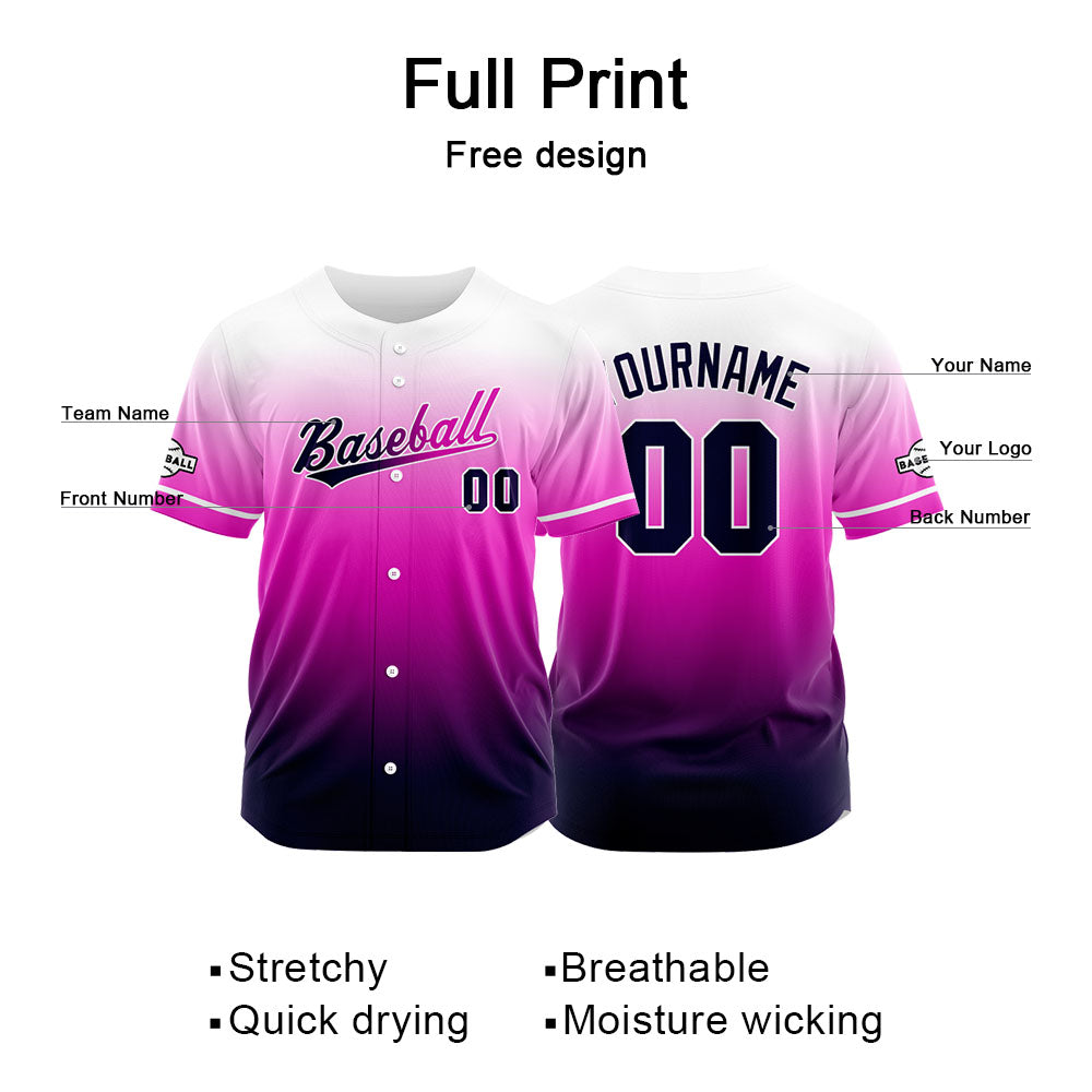 Camiseta de béisbol con dise?o personalizado estampado completo en azul marino morado y blanco