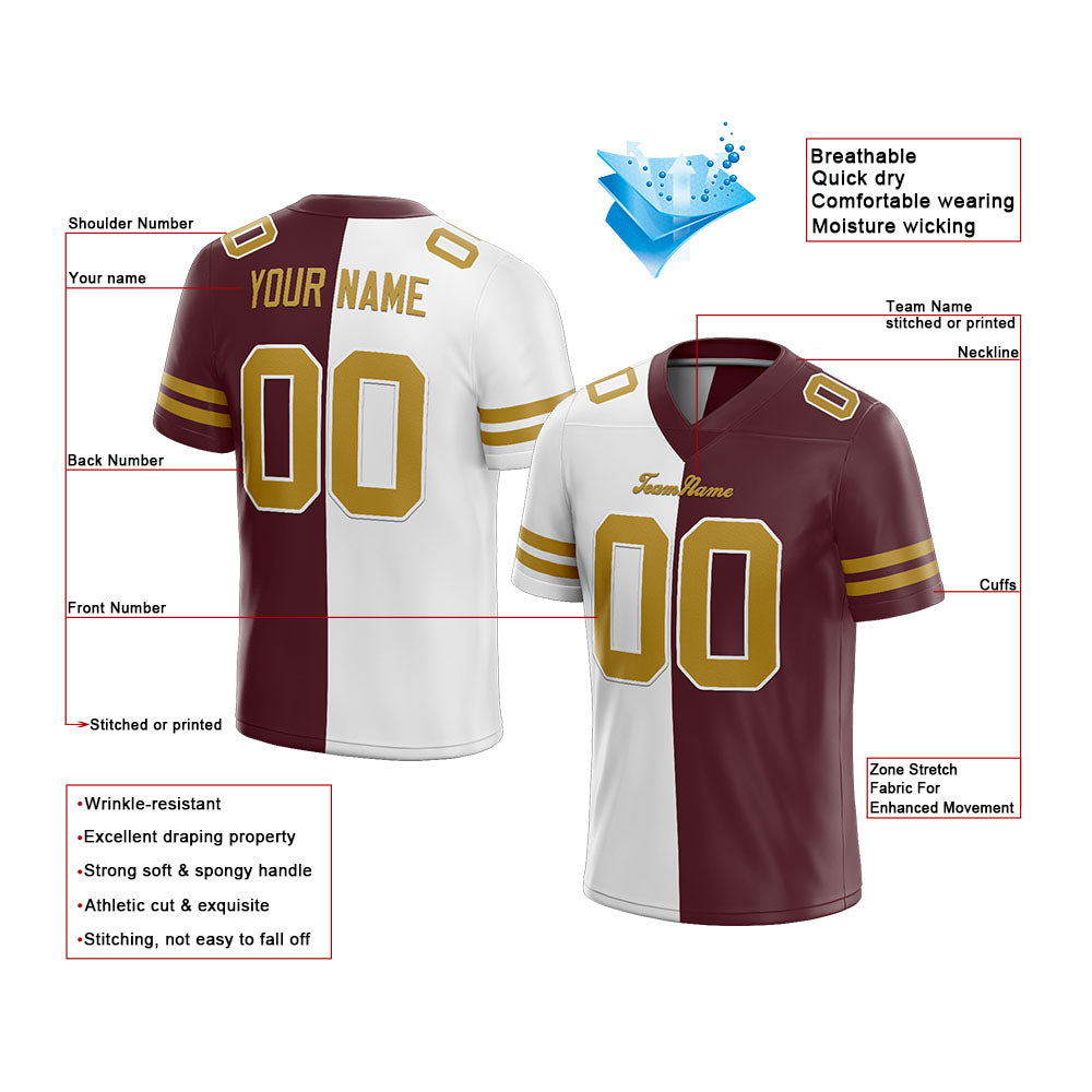 custom authentic split fashion football jersey burgundy-white-gold mesh
