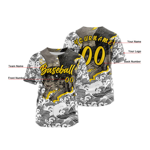 Camiseta de béisbol amarilla personalizada con botones para hombre mujer adulto y joven Estampado de nombre número y logotipo
