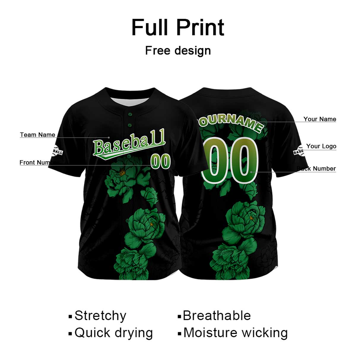 Camiseta de béisbol negra personalizada con nombre número y logotipo personalizados