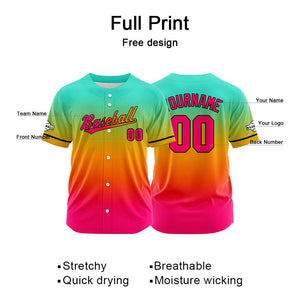 Dise?o personalizado de camiseta de béisbol con estampado completo en rosa rojo naranja y aguamarina