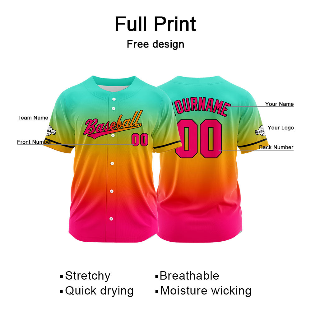 Dise?o personalizado de camiseta de béisbol con estampado completo en rosa rojo naranja y aguamarina
