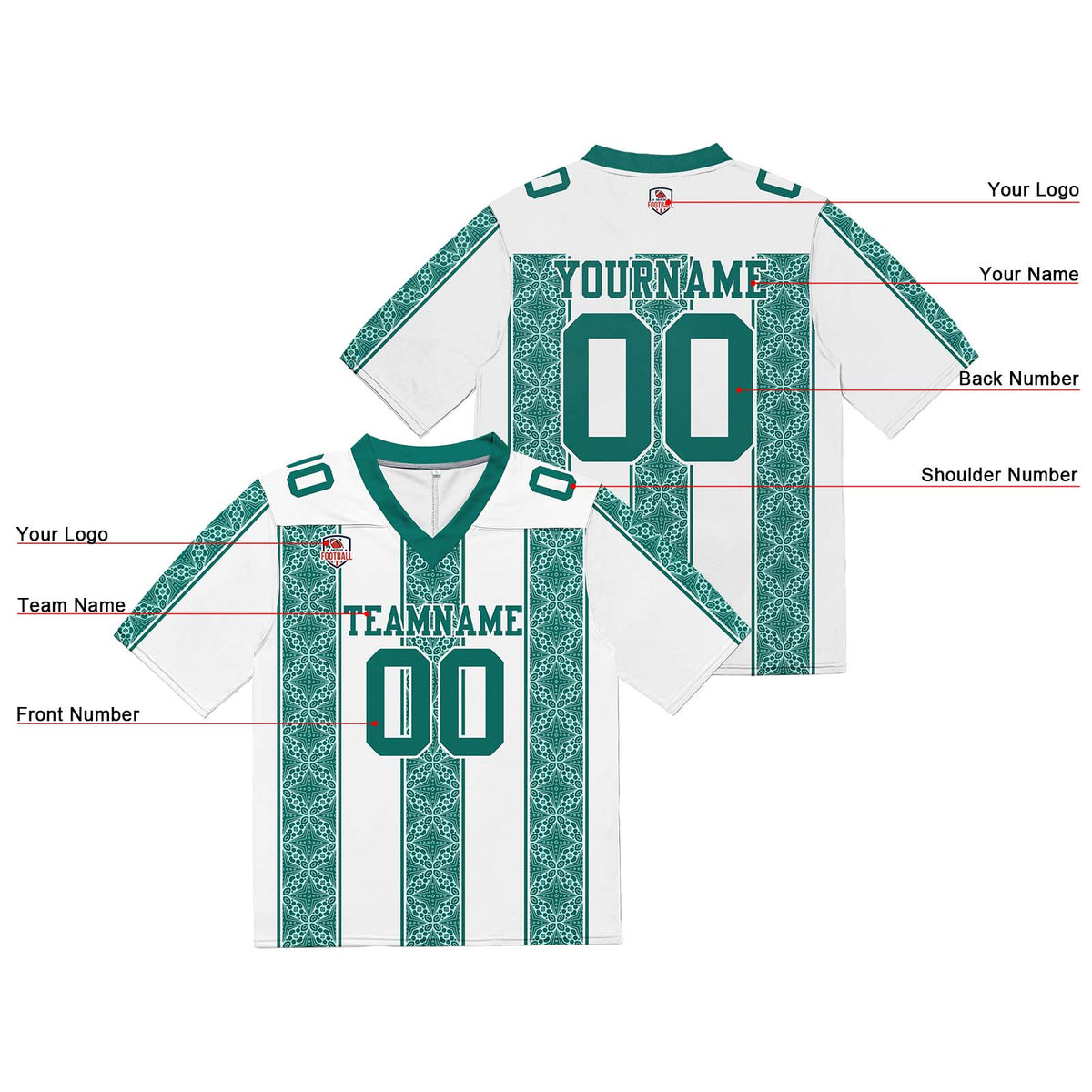 Camiseta de fútbol personalizada con nombre y número del equipo impresos y bordados-color blanco y verde