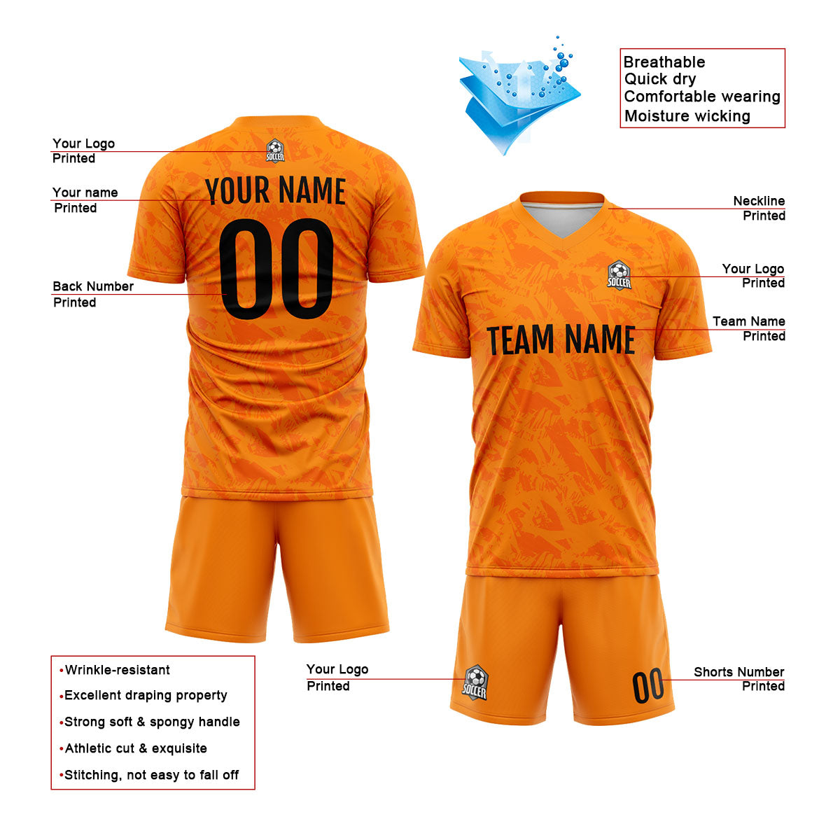 Conjunto personalizado de camiseta de fútbol naranja para niños y adultos