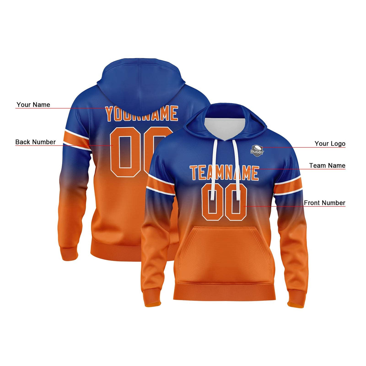 Sudadera con capucha degradada personalizada para hombre-mujer-niña o niño Imprime tu logotipo-nombre y número en azul marino y naranja
