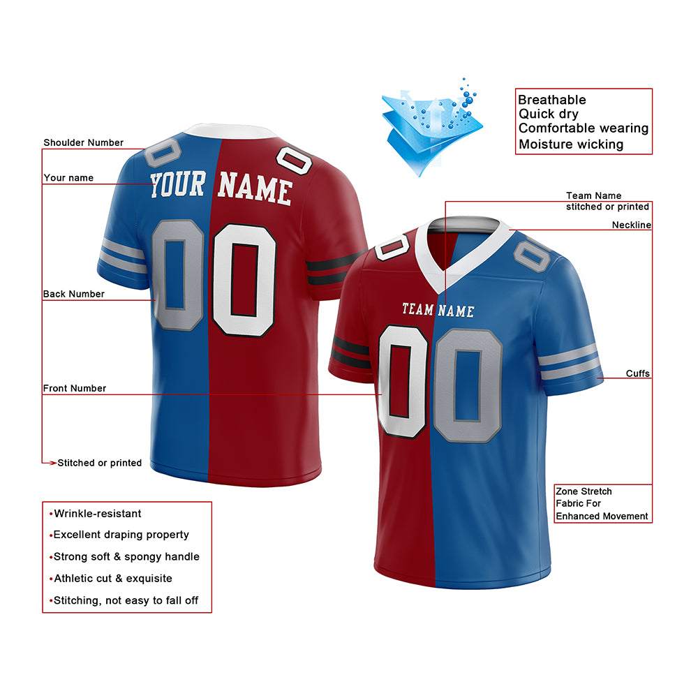 custom authentic split fashion football jersey red-blue mesh