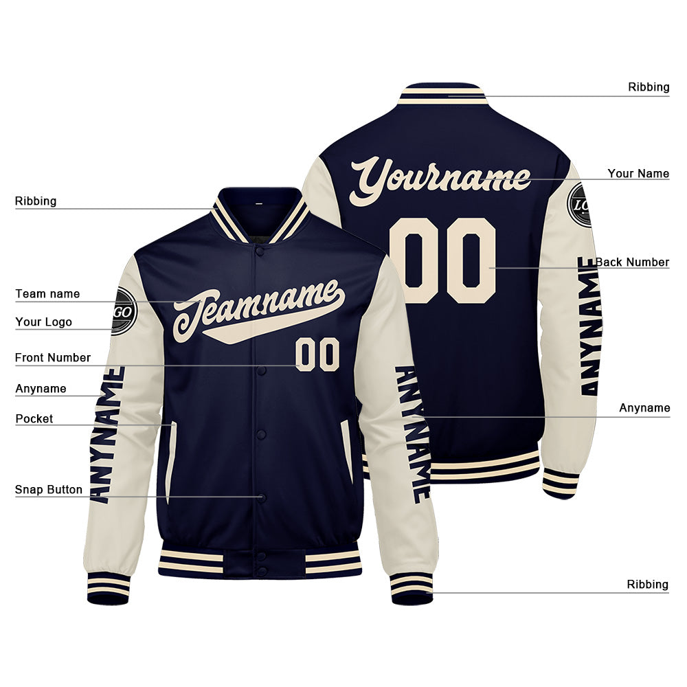 Chaquetas universitarias personalizadas azul marino y crema para hombres & mujeres y jóvenes & Chaquetas tipo Letterman personalizadas