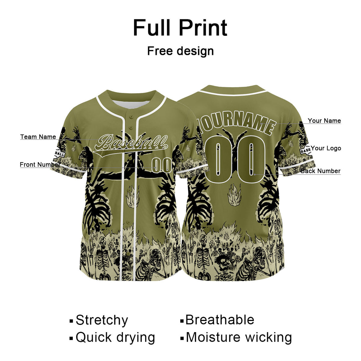 Camiseta de béisbol verde personalizada con nombre número y logotipo personalizados