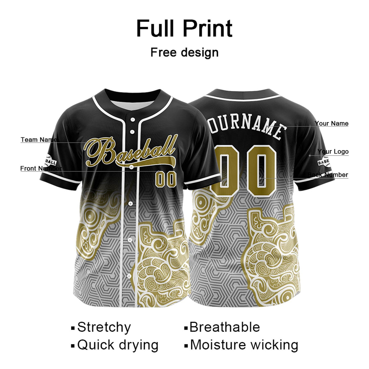 Camiseta de béisbol personalizada negra y amarilla con botones para hombre mujer adulto y joven Estampado de nombre número y logotipo