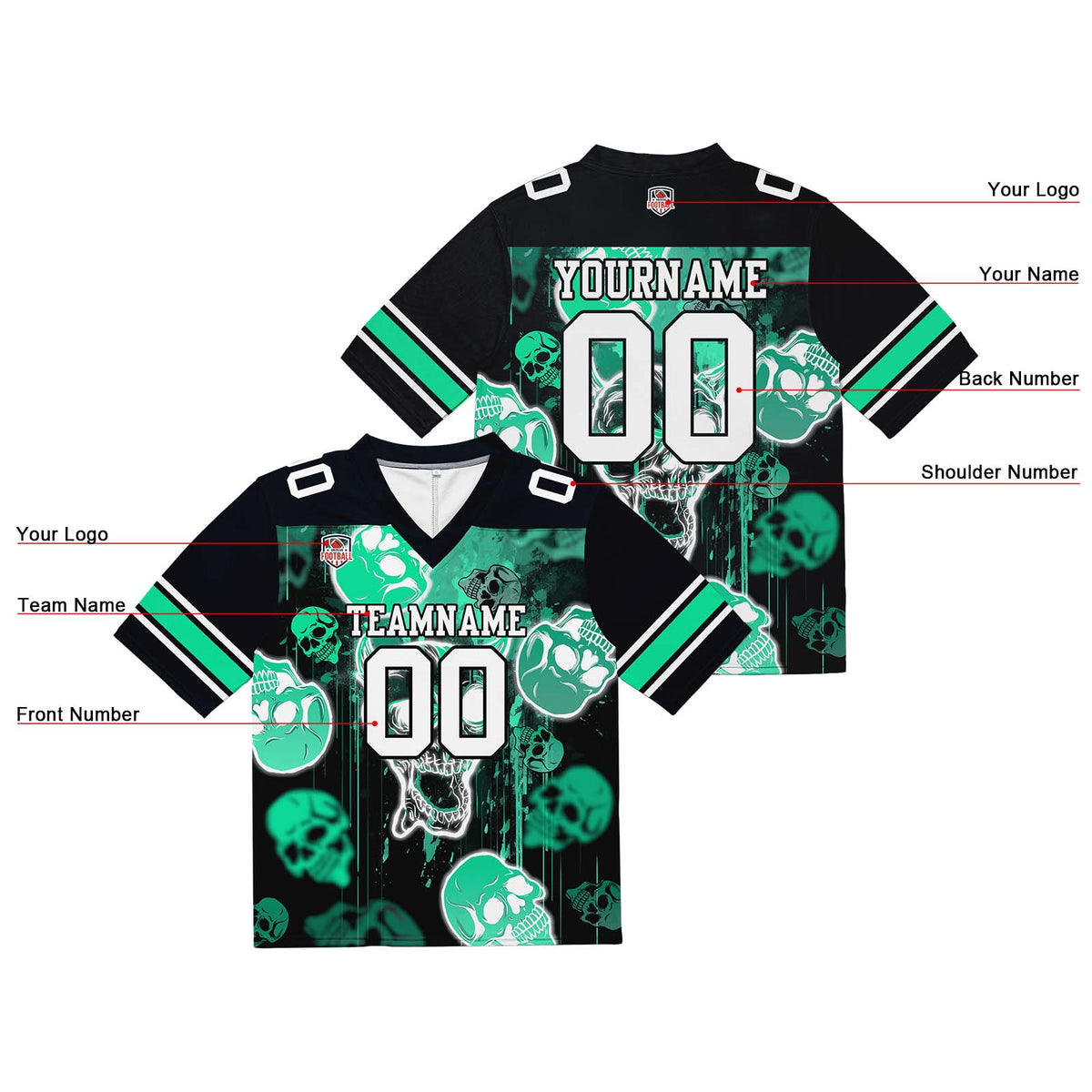Camiseta de fútbol personalizada con nombre y número del equipo bordados y estampados-estilo grafiti con calavera -Verde claro