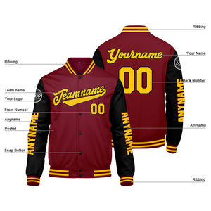 Chaquetas universitarias personalizadas en color carmesí & negro y amarillo para hombres & mujeres y jóvenes & Chaquetas tipo Letterman personalizadas