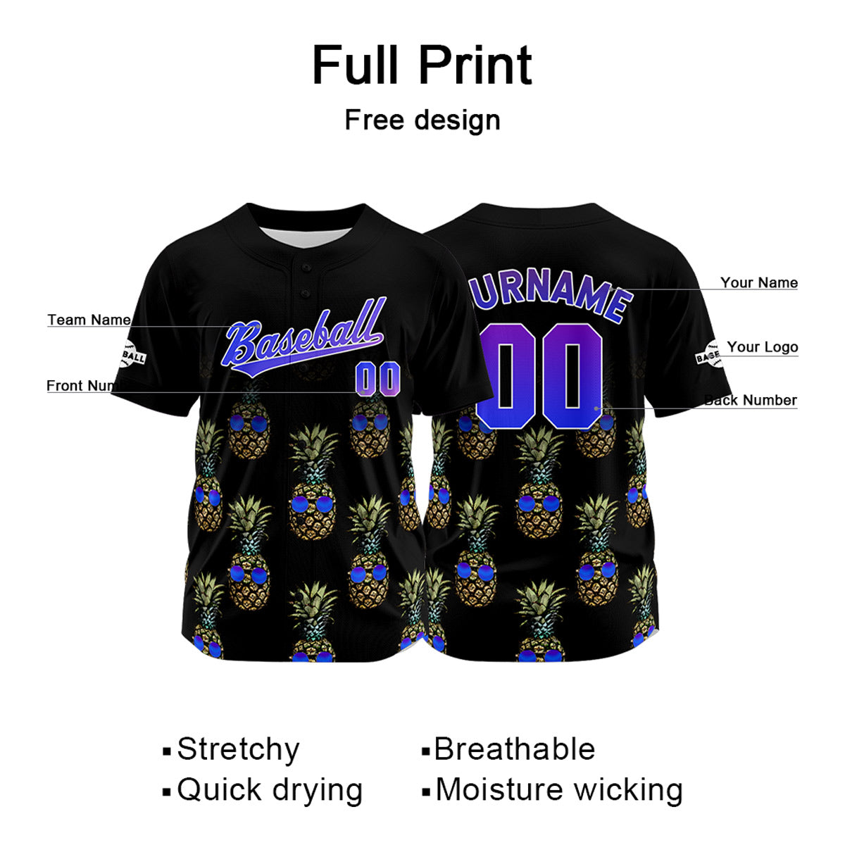 Camiseta de béisbol negra personalizada con nombre número y logotipo personalizados