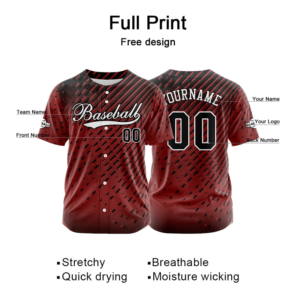 Camiseta de béisbol roja personalizada con botones para hombre mujer adulto y joven Estampado de nombre número y logotipo