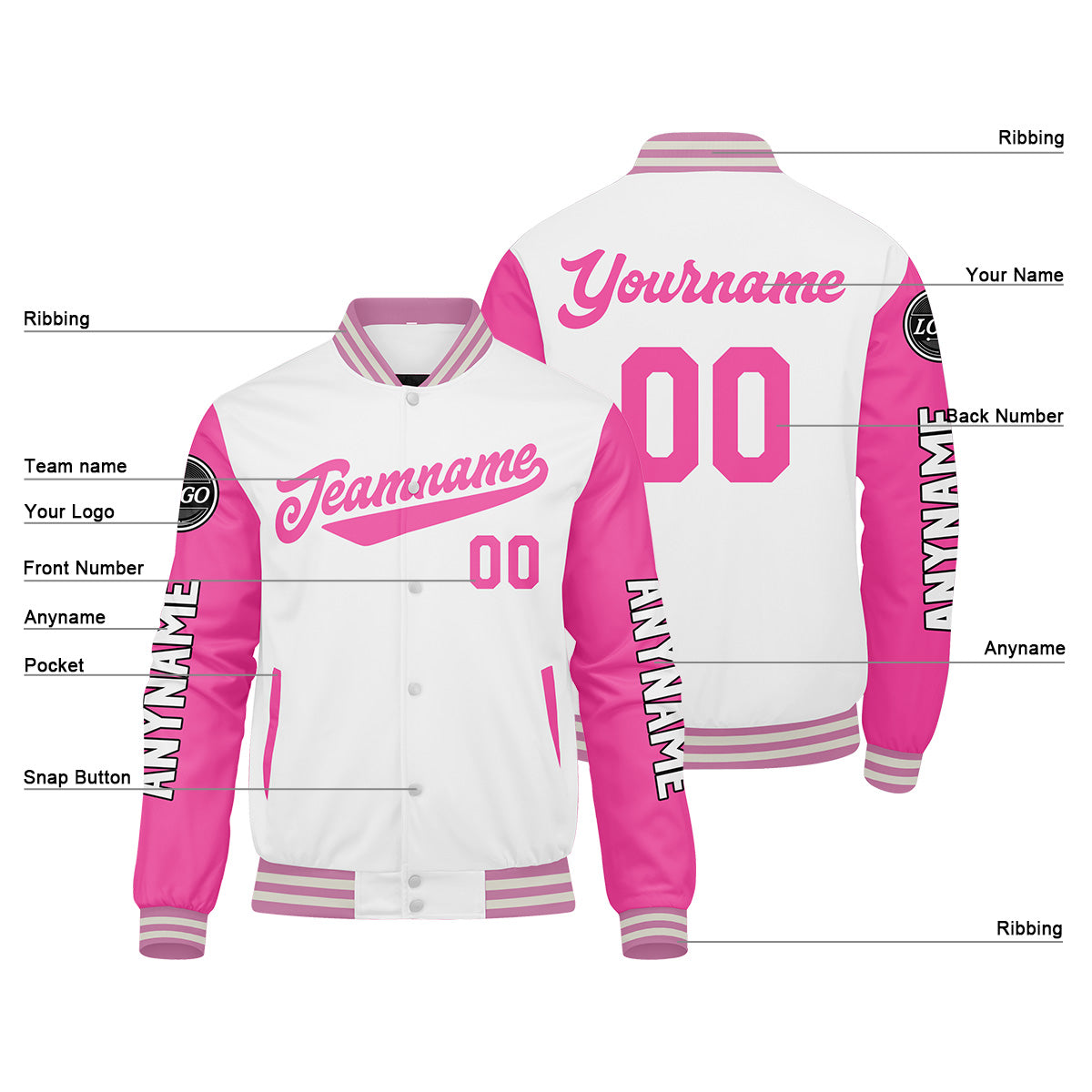 Chaquetas universitarias blancas y rosas personalizadas para hombres & mujeres y jóvenes & Chaquetas Letterman personalizadas