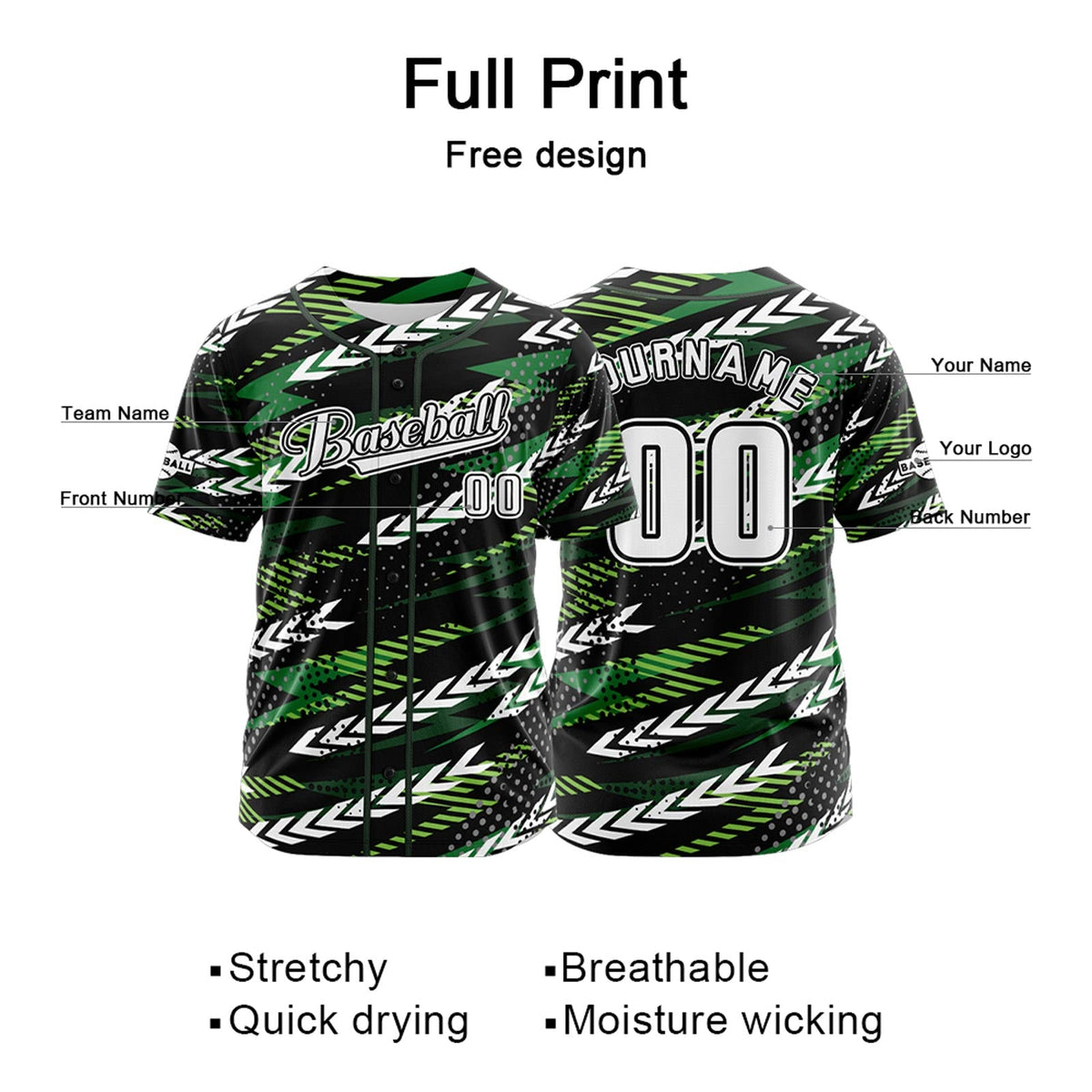Camiseta de béisbol personalizada negra y verde con botones para hombre mujer adulto y joven Estampado de nombre número y logotipo
