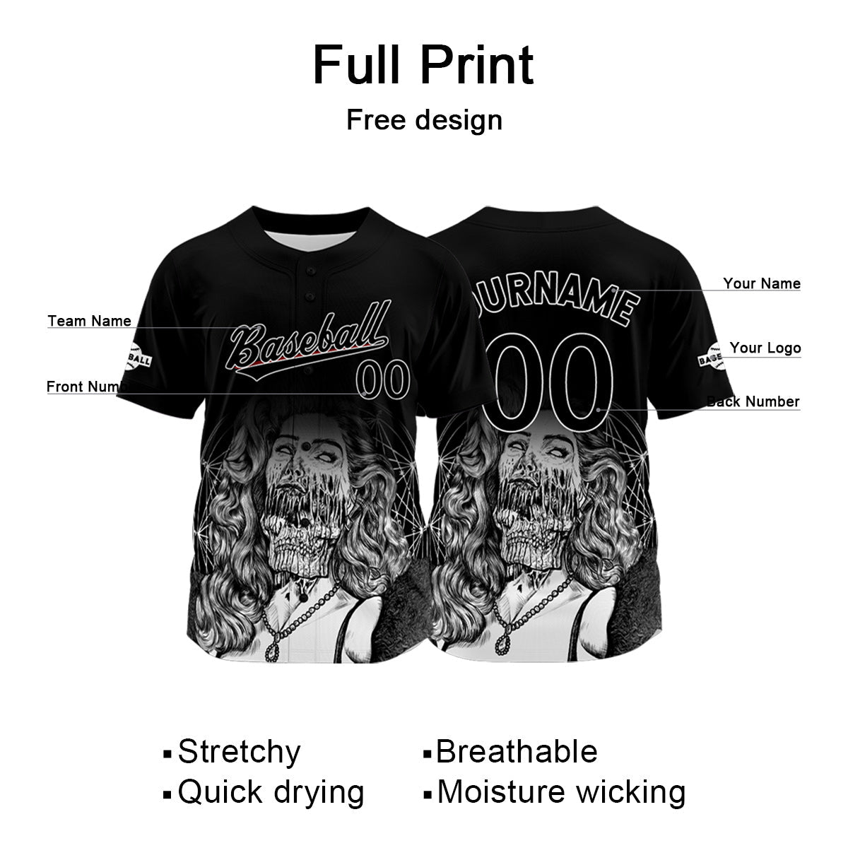 Camiseta de béisbol negra personalizada con nombre número y logotipo personalizados