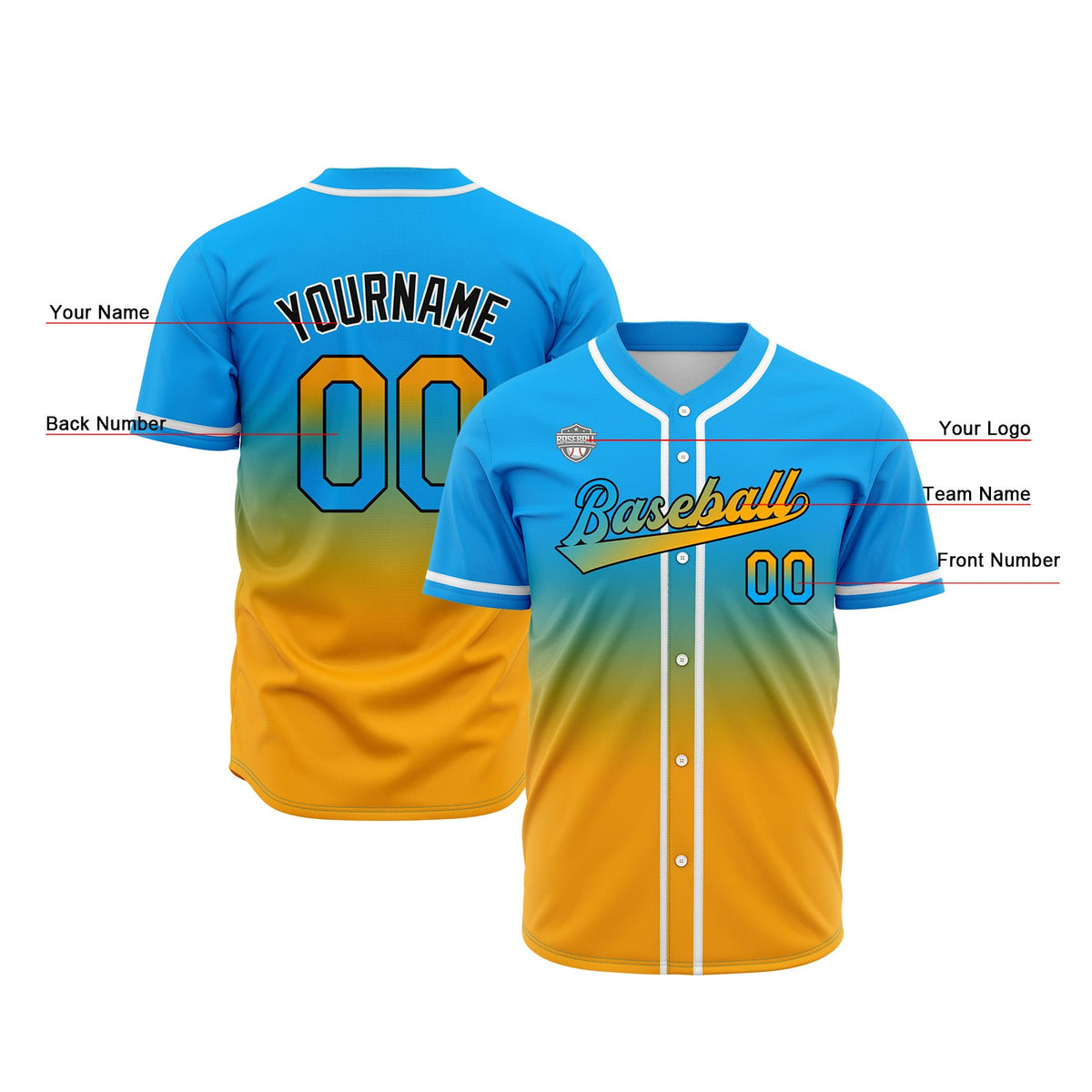Camisetas de béisbol personalizadas con degradado nombre número y logotipo