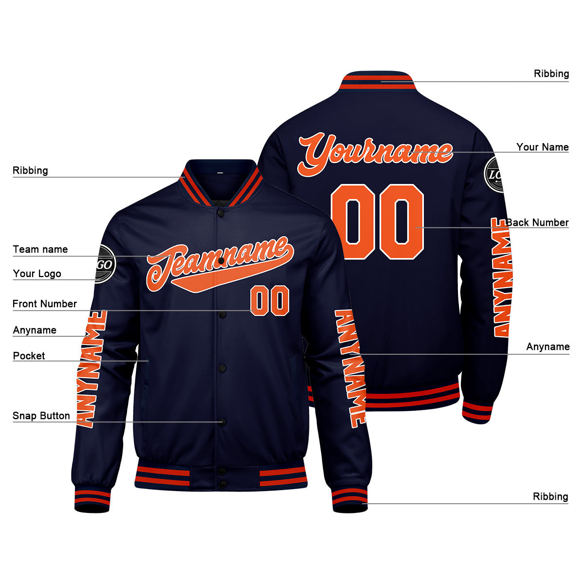 Chaquetas universitarias personalizadas azul marino y naranja para hombres & mujeres y jóvenes & Chaquetas Letterman personalizadas