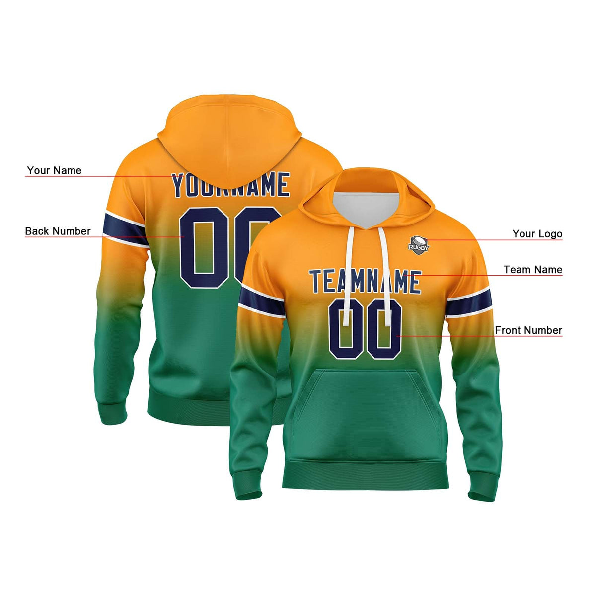 Sudadera con capucha personalizada con degradado para hombre-mujer-niña o niño Estampa tu logotipo-nombre y número Naranja y verde
