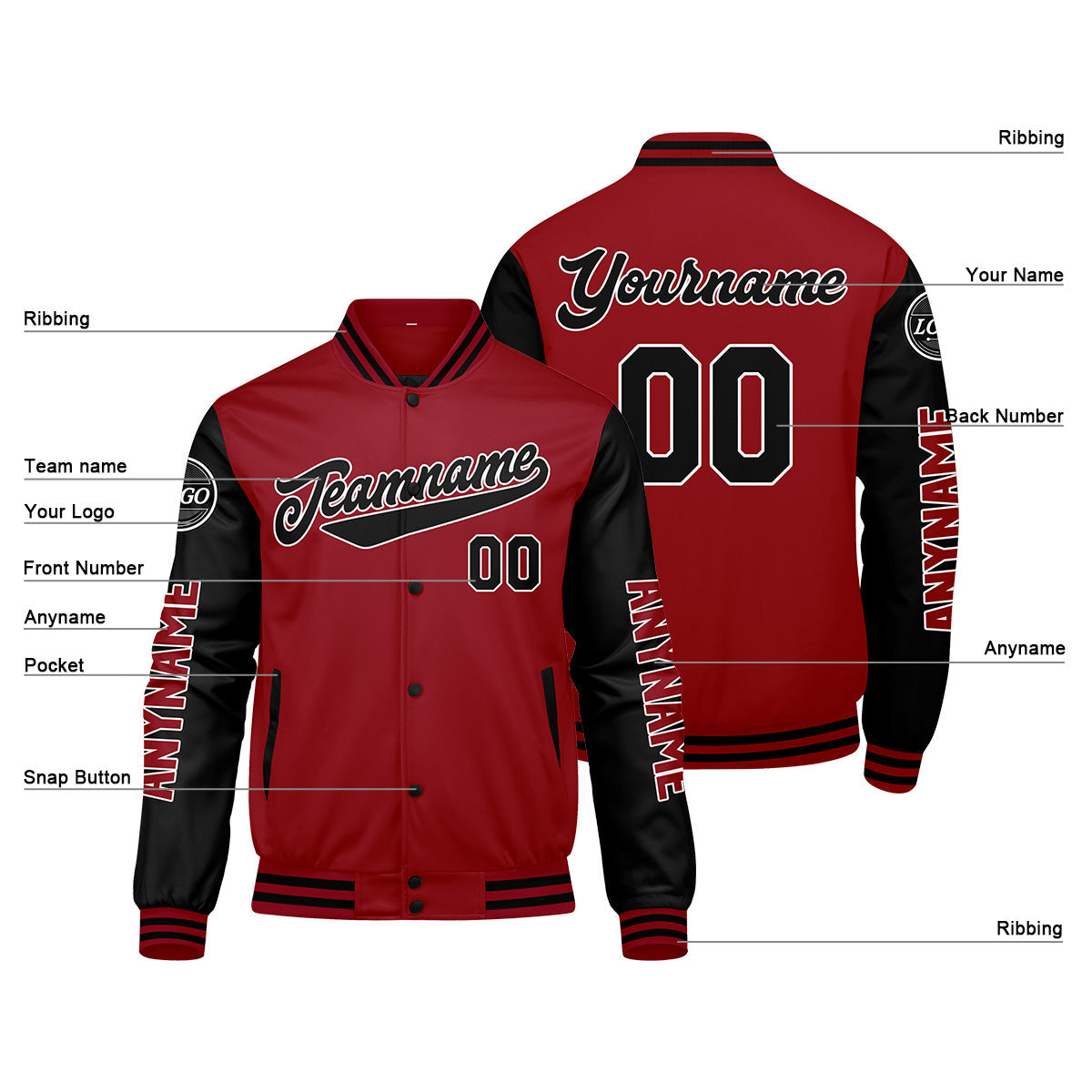 Chaquetas universitarias rojas y negras personalizadas para hombres & mujeres y jóvenes & Chaquetas Letterman personalizadas