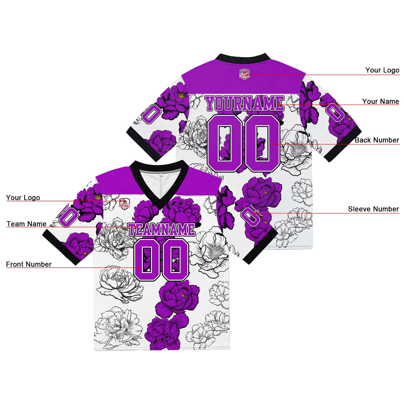 Camiseta de fútbol personalizada con nombre y número del equipo bordados-color morado