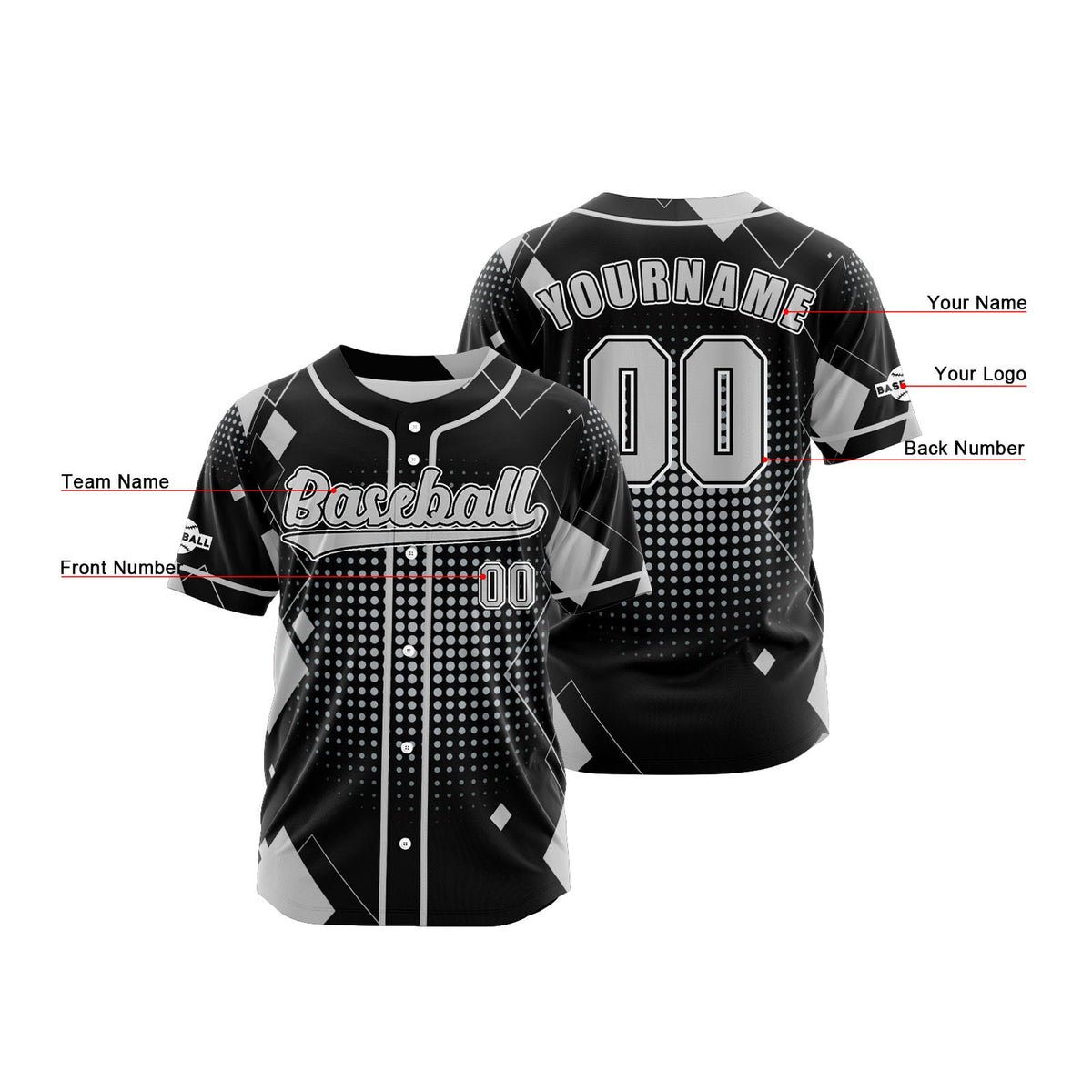 Camiseta de béisbol personalizada negra y gris con botones para hombre mujer adulto y joven Estampado de nombre número y logotipo