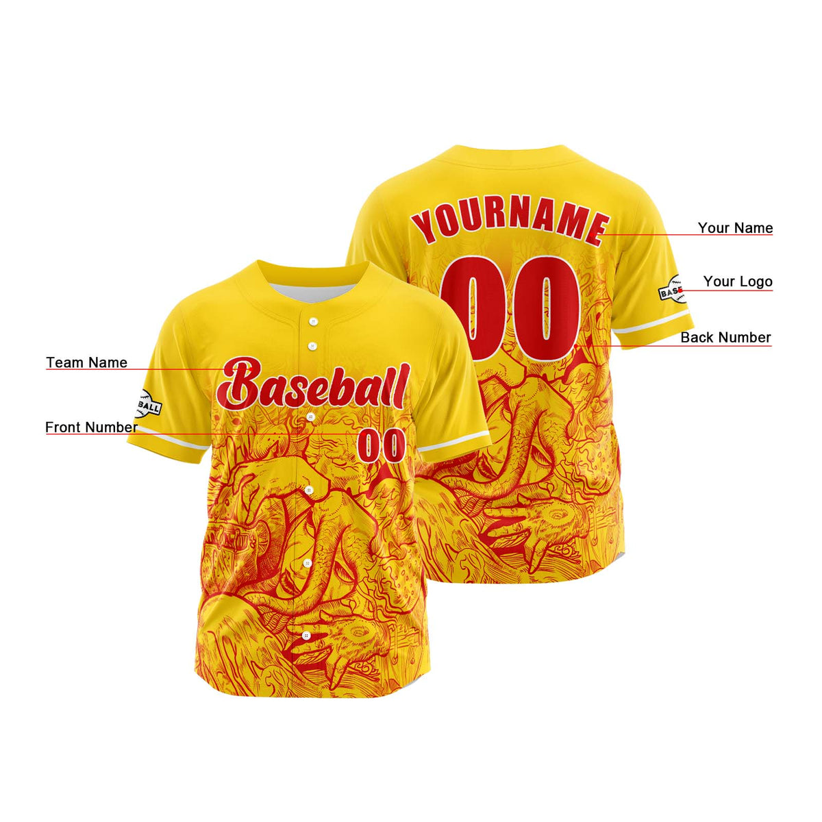 Camiseta de béisbol amarilla personalizada con botones para hombre mujer adulto y joven Estampado de nombre número y logotipo