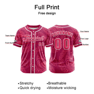 Camiseta de béisbol personalizada color rojo rosado con botones para hombre mujer adulto y joven Estampado de nombre número y logotipo