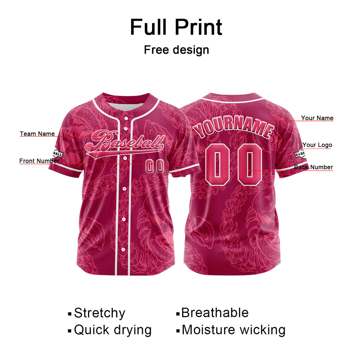 Camiseta de béisbol personalizada color rojo rosado con botones para hombre mujer adulto y joven Estampado de nombre número y logotipo