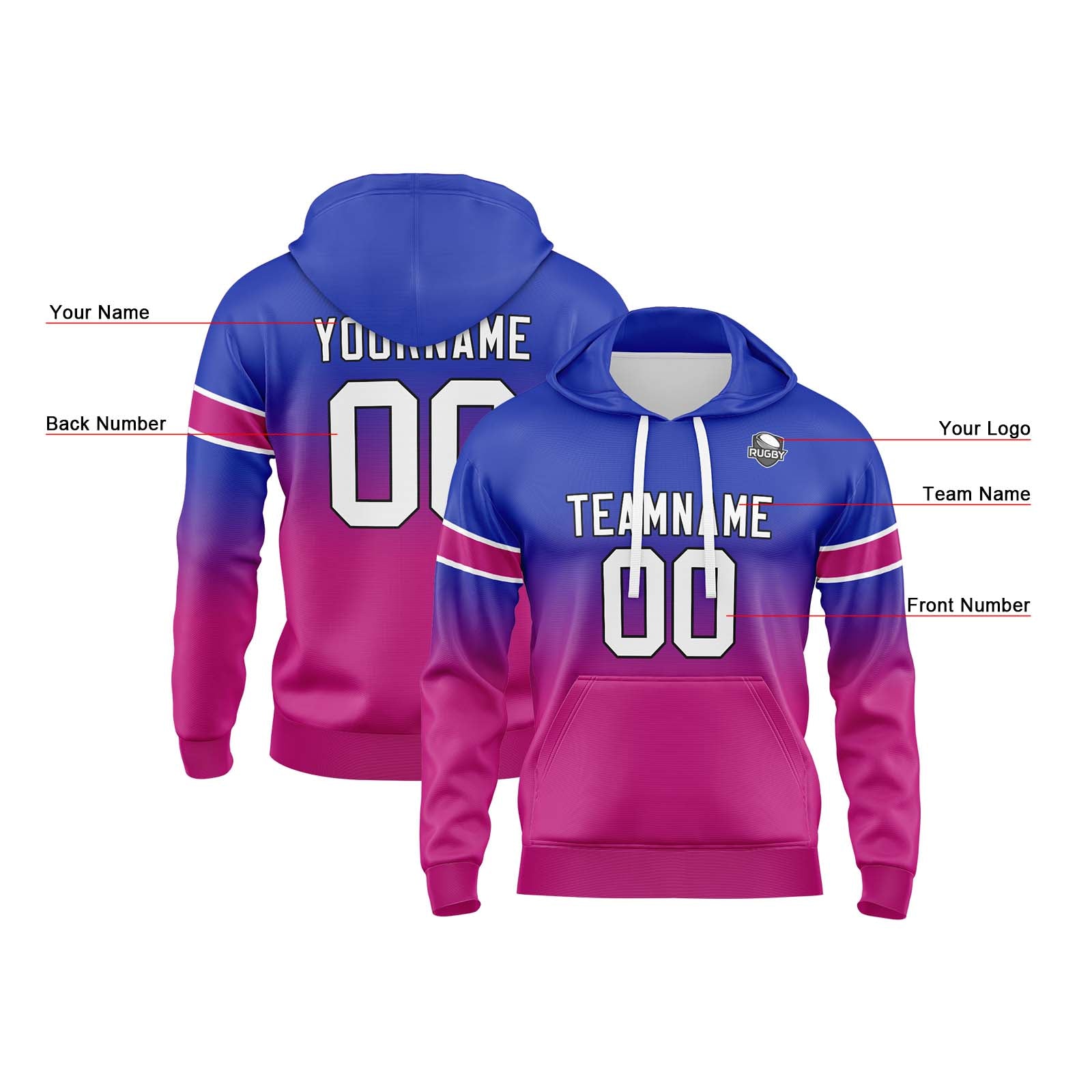 Sudadera con capucha degradada personalizada para hombre-mujer-niña o niño Imprime tu logotipo-nombre y número en Royal&Rose