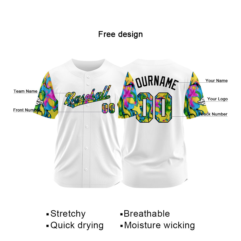 Camiseta de béisbol con dise?o personalizado estampado completo en blanco verde y amarillo