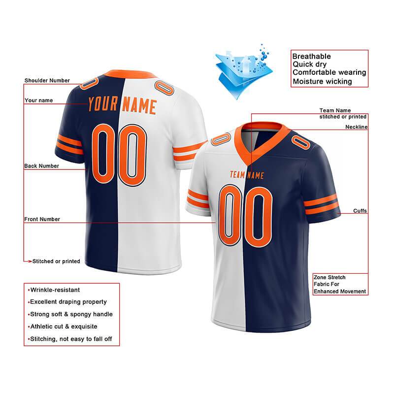 custom authentic split fashion football jersey white-navy-orange mesh