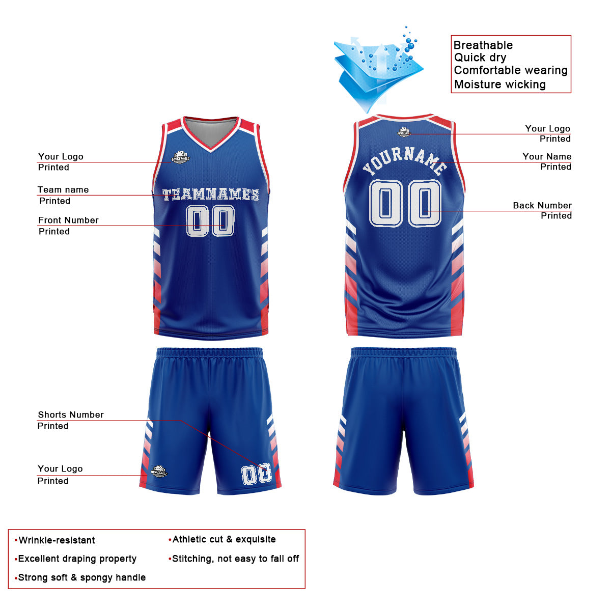 Uniforme de baloncesto personalizado azul y rojo con tu logotipo-nombre y número impresos